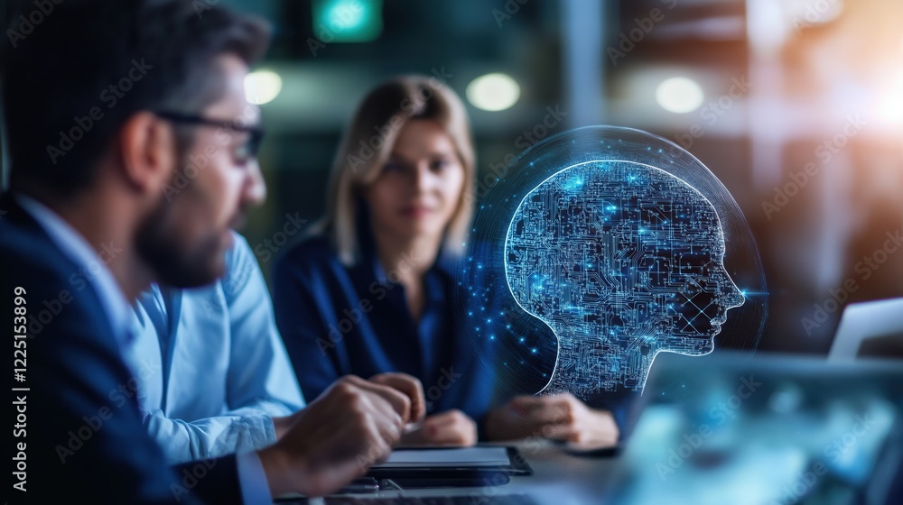 Poster ai integration in business meetings office space digital interaction modern environment close-up vie