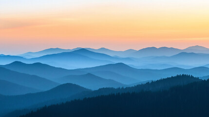 Fototapeta premium Serene mountain landscape at sunset with layered hills and soft colors creating a tranquil atmosphere