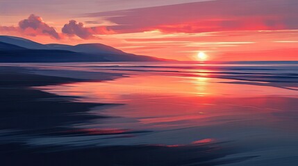 Obraz premium Stunning sunset from a pristine beach, showcasing rich colors and soft light reflecting on the water