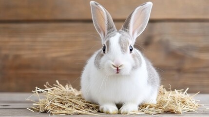Obraz premium Adorable fluffy bunny resting on straw against rustic wooden background