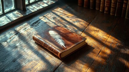 Antique leather journal with feather on wooden desk in sunlight.