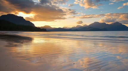 Fototapeta premium Stunning sunset from a pristine beach, showcasing rich colors and soft light reflecting on the water