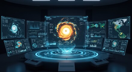 A futuristic weather control room with multiple glowing holographic screens displaying data on hurricanes, storms and global warming