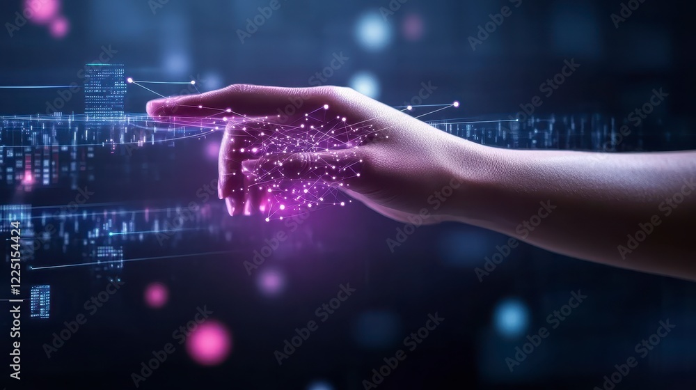Poster glowing hand interacting with digital data streams