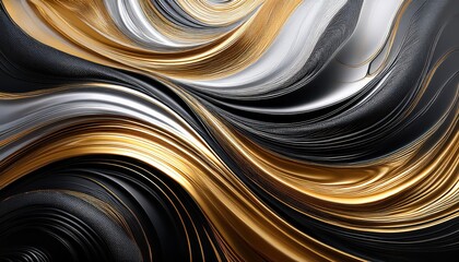 Vibrant Swirling Textures in a Monochromatic Palette Gold, Silver, and Black Abstract Artwork Capturing Movement and Mood