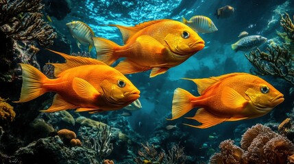 Fototapeta premium Vibrant orange fish swimming among colorful coral in a clear underwater seascape