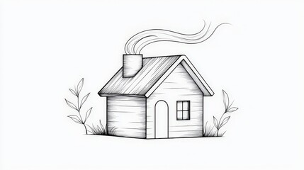 Fototapeta premium Cozy hand-drawn house with chimney smoke and greenery on a minimalist background