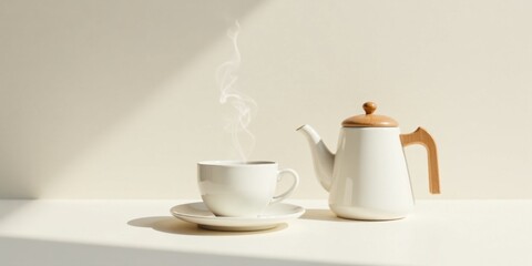 Obraz premium Aromatic steam rises from a warm beverage in a minimalist white teacup and saucer set beside a matching teapot with a light wooden handle and lid, bathed in soft sunlight on a neutral backdrop.