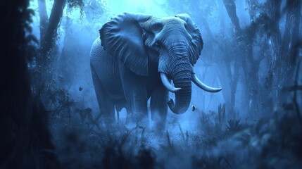 Majestic elephant in a mystical blue forest.