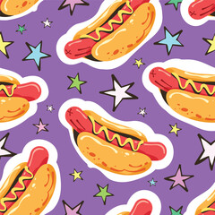 Seamless pattern cartoon of hotdog cartoon funny with star. Junk food and fast food, Kawaii and fun pop art style. Pattern design for children fabric, wrapping paper, wallpaper and fashion prints.