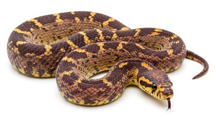 Obraz premium Speckled Kingsnake on White Background with Tongue Out
