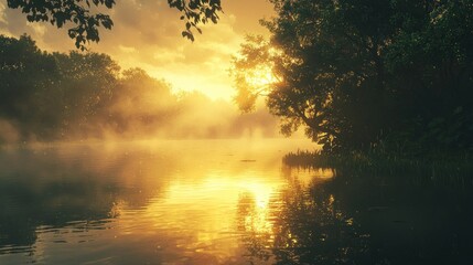 Naklejka premium Misty sunrise over calm river reflecting golden light.