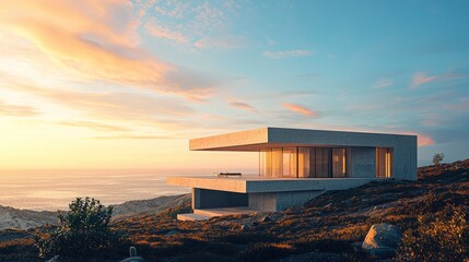 Obraz premium Modern concrete house on clifftop at sunset.