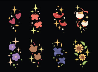 Set of sparkle effect and cute element such as hearts, butterflies, fish, cats, bears, birds and flowers. Hand drawn style. Illustration design for print, cartoon, card, decoration and sticker.