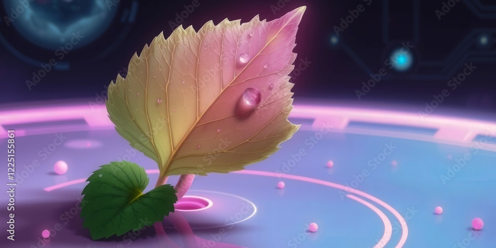 Poster a leaf with a drop of water on it is floating on a blue surface. the image has a dreamy, ethereal qu