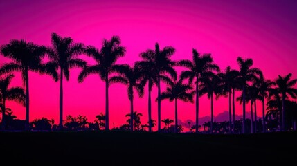 Naklejka premium Silhouette of palm trees against a vibrant pink sunset sky