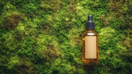 Natural Essential Oil Dropper Bottle on Vibrant Green Moss Background