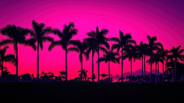 Silhouette of palm trees against a vibrant pink sunset sky