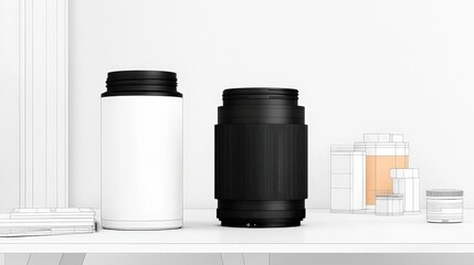 Modern Photography Studio Display with Equipment and Creative Arrangement of Camera Lenses