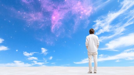 Man gazing at vibrant cosmic sky amidst clouds: serenity and wonder in contrast