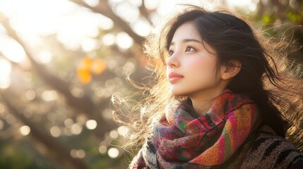 Naklejka premium Young woman enjoying a sunny day outdoors with a colorful scarf