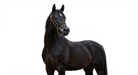 Obraz premium Elegant Black Horse Portrait with White Background and Bridle