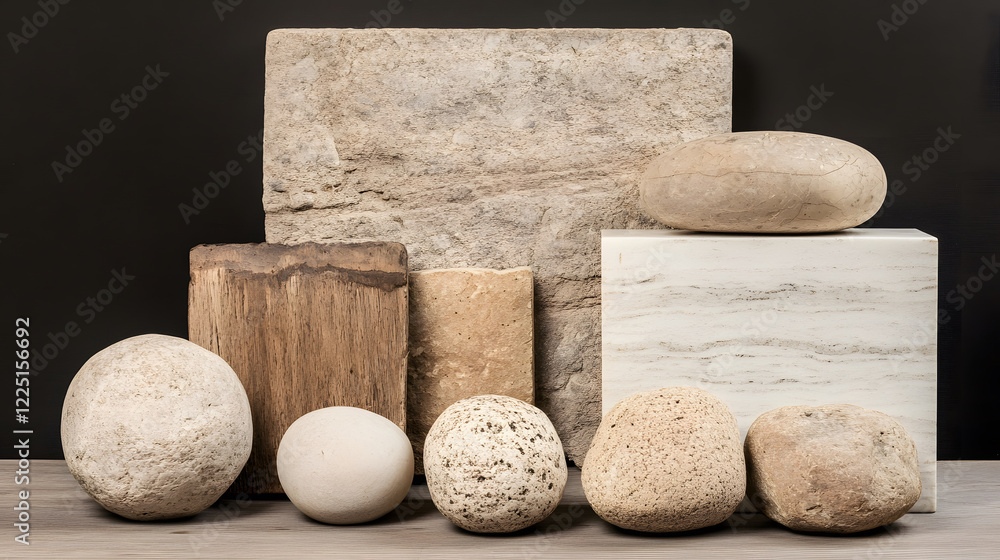 Poster a collection of various stones and blocks showcasing different textures and colors, arranged aesthet