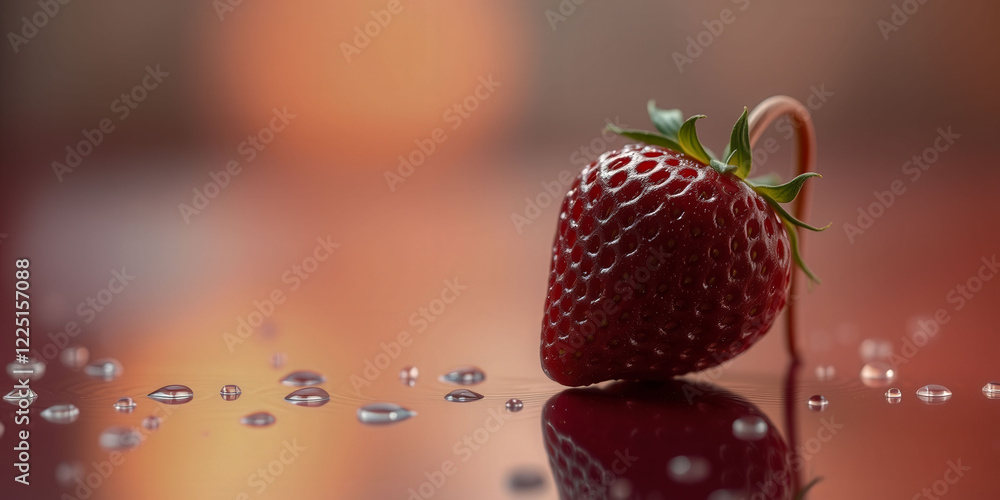 Poster a red strawberry is sitting on a table with water droplets around it. the droplets create a sense of