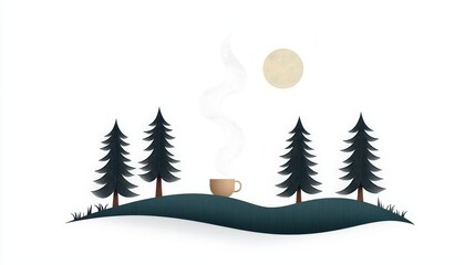 Serene Landscape with Coffee Cup and Pine Trees Under a Sunlit Sky