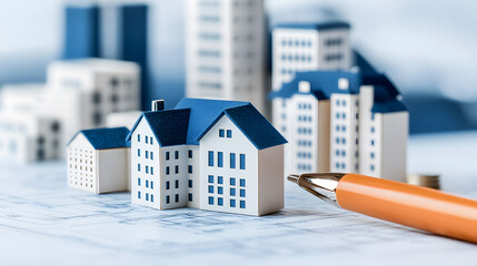A collection of miniature houses and buildings on a blueprint, accompanied by an orange pen, representing real estate and urban planning