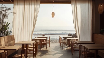 A minimalist beachside caf with clean wooden furniture and soft curtains. digital