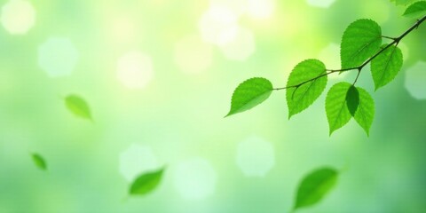Obraz premium Serene Branch with Vibrant Green Leaves, Softly Illuminated by Sunlight, Against a Dreamy Blurred Background