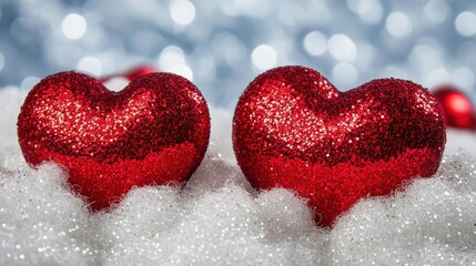 Obraz premium A magical scene of glittery red hearts surrounded by white clouds, evoking a romantic, whimsical feeling.