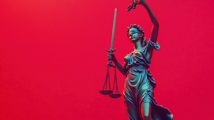 Obraz premium A majestic statue of Lady Justice holding scales and a sword, illuminated against a vivid red backdrop for justice themes.