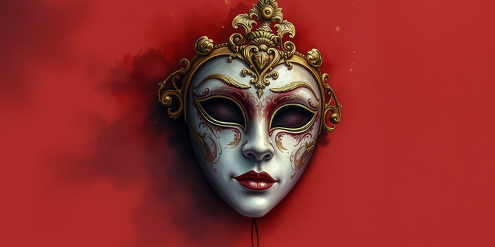 A mask with gold trim and red background. The mask is white and has a red nose. The mask is surrounded by smoke