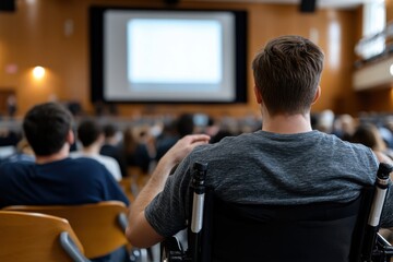 In this image, a young man in a wheelchair engages in a presentation, highlighting inclusivity and participation in academic environments, surrounded by an attentive audience.
