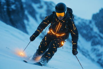 Skier wearing smart futuristic sports gear skiing down a snowy mountain at dusk