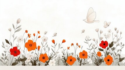 Delicate Floral Composition with Colorful Flowers and Graceful Butterflies on Soft Background