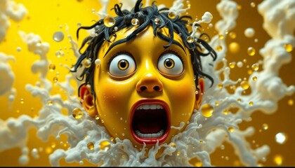 Surreal 3D Yellow Cartoon Head in Milk Splash