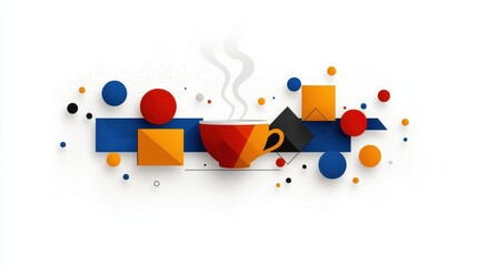Colorful Abstract Composition with Coffee Cup Steaming Among Geometric Shapes and Vivid Colors