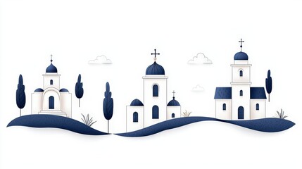 Serene Landscape with Minimalist Churches and Blue Domes Set Against Soft Clouds and Hills