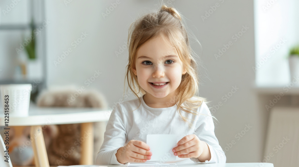 Poster little girl with joyful expression is playing with flashcards at table in bright and simple room