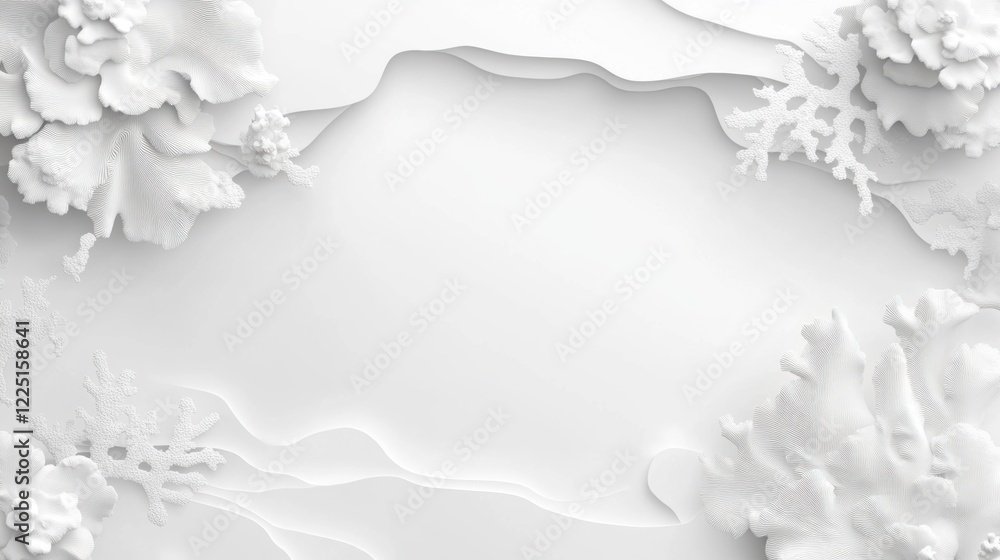 Poster minimalistic white coral background with intricate ocean-inspired patterns and tropical vibes