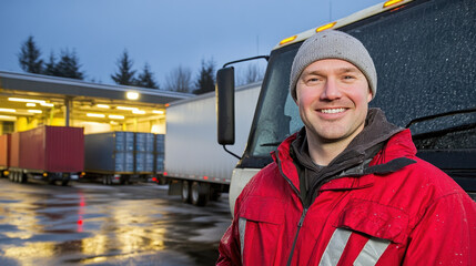 Smiling truck driver in a red jacket at a loading dock