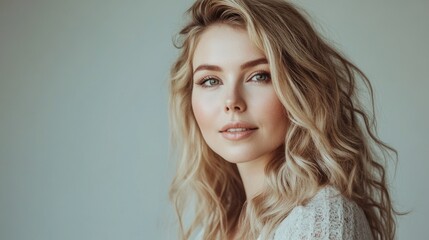 Fototapeta premium Portrait of a beautiful young blonde woman with natural makeup and wavy hair against a soft neutral background showcasing beauty and skincare concepts.