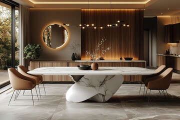 Modern dining room with a marble table wooden accents and sleek lighting The room features large windows overlooking a garden