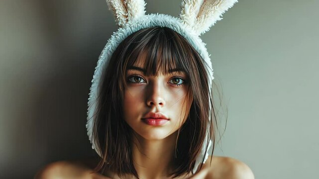 Brunette in fluffy hood with bunny ears