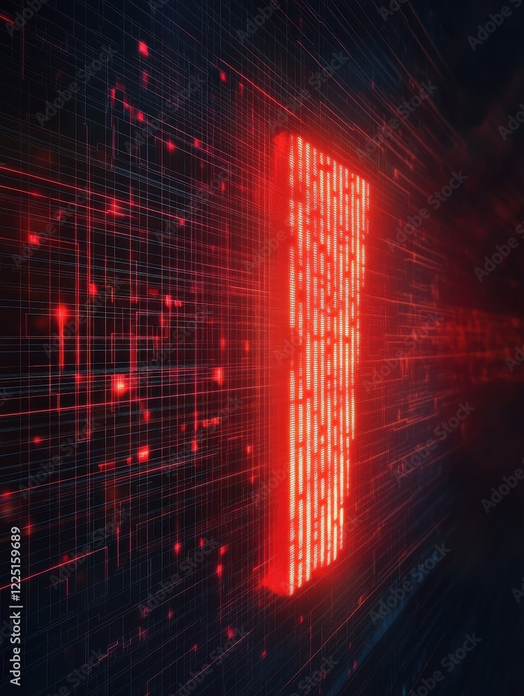 Poster red glowing exclamation mark on a digital matrix background, representing a cybersecurity alert or e