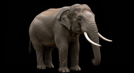 Naklejka premium Majestic Asian Elephant with Long Tusks Standing on Black Background