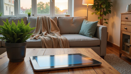 Fototapeta premium Tablet Mockup with Plant on a Coffee Table in a Cozy Living Room with Copy Space